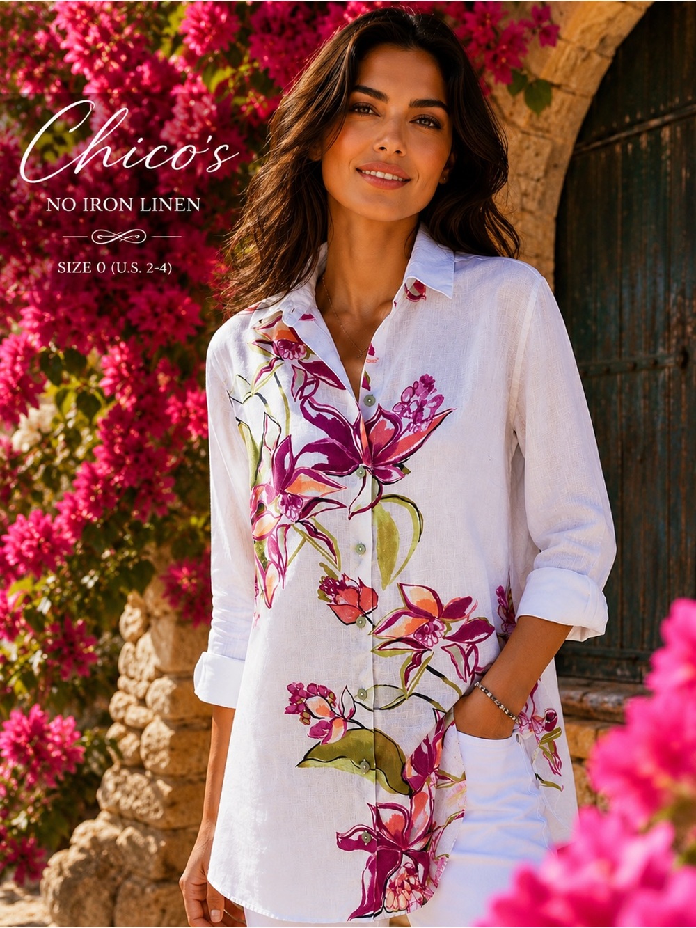 Chico’s No Iron 100% Linen Floral Button Front Tunic Top Size 0 = US Size 4